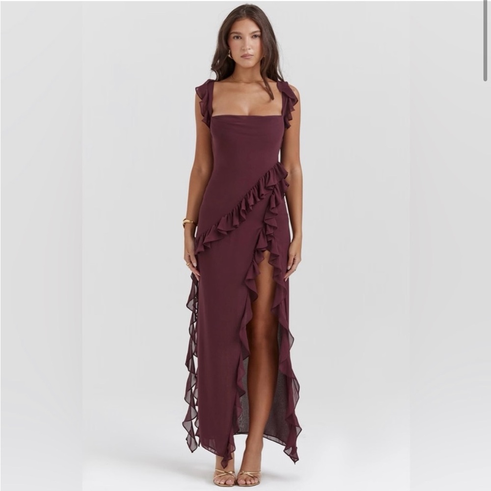 HOUSE OF CB Ariela Ruffle Maxi Dress in Mulberry L+